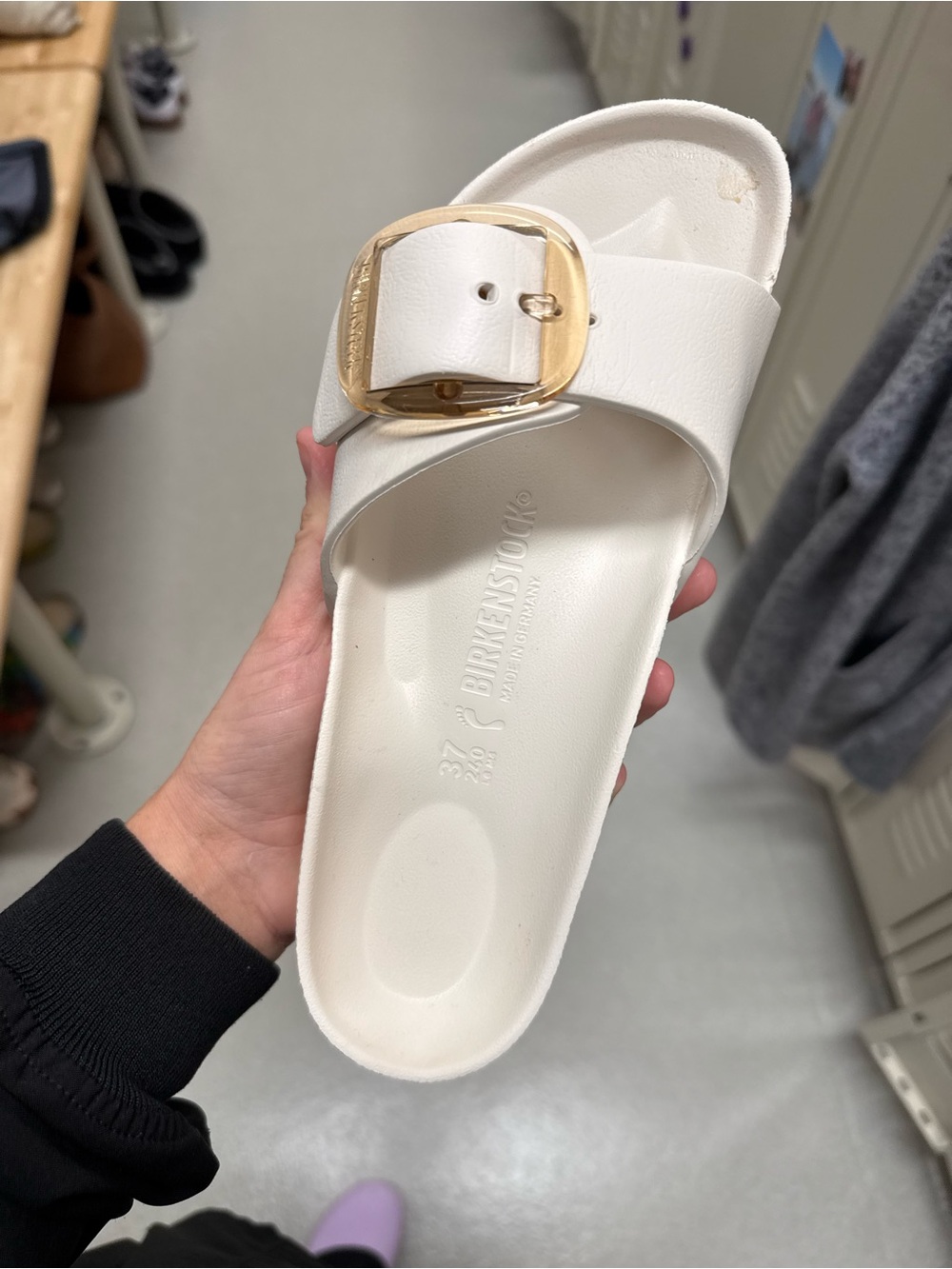 Birkenstock White Slip-On Sandal with Gold Buckle